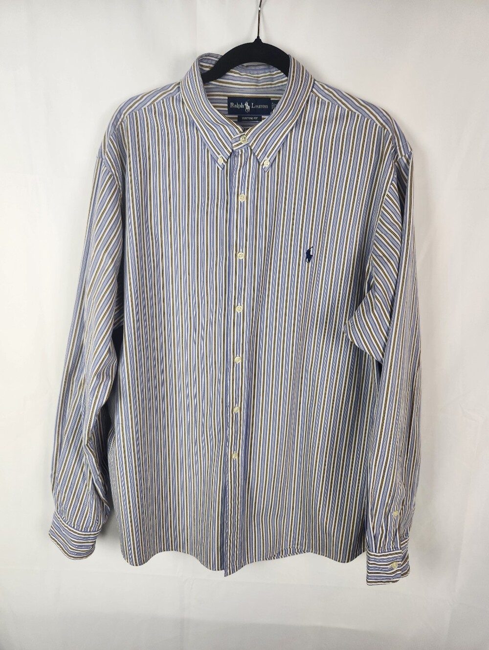 Ralph Lauren Custom Fit XXL Blue Stripe Button Down Shirt Pony Logo Cotton